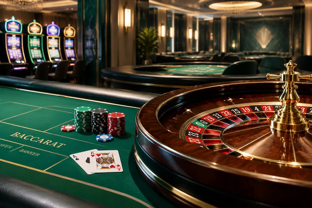 Ilustrasi ruang kasino dengan meja roulette dan kartu