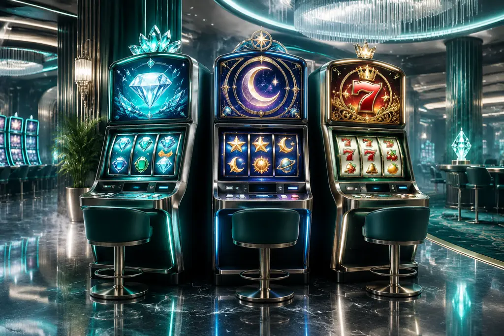 Deretan mesin slot kasino dengan tema visual berbeda
