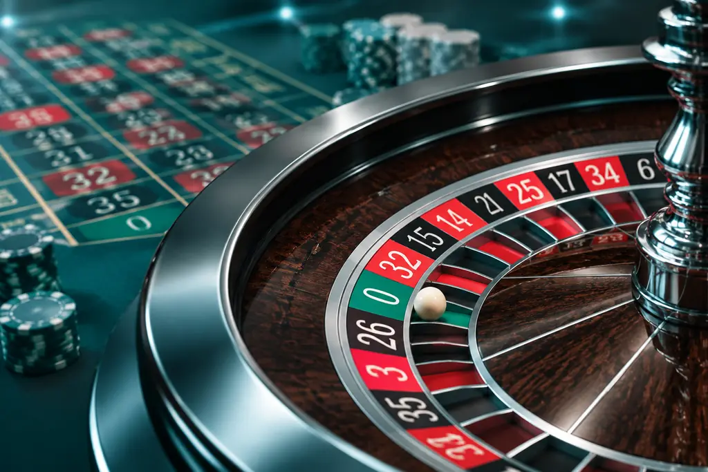 Bola roulette di dekat roda dan susunan angka meja